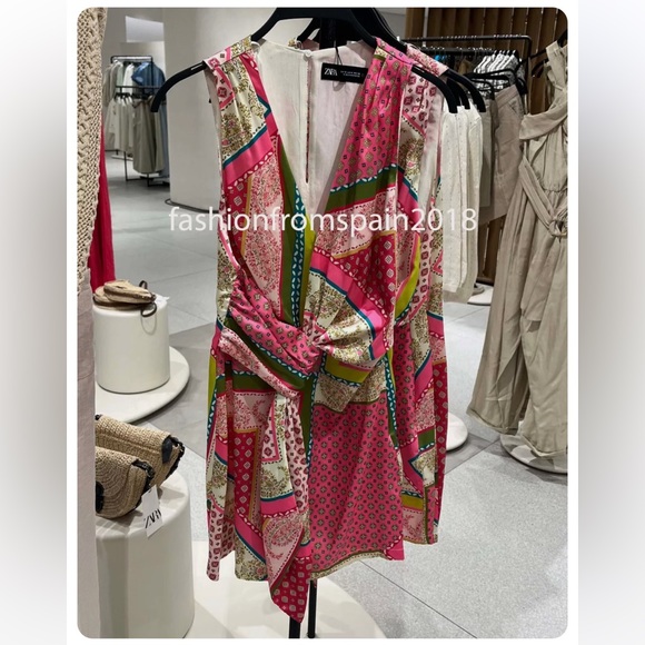 ZARA PATCHWORK PRINT DRESS MINI XS PINK GREEN PATTERNED SILK EFFECT 3253/221 - Picture 9 of 13